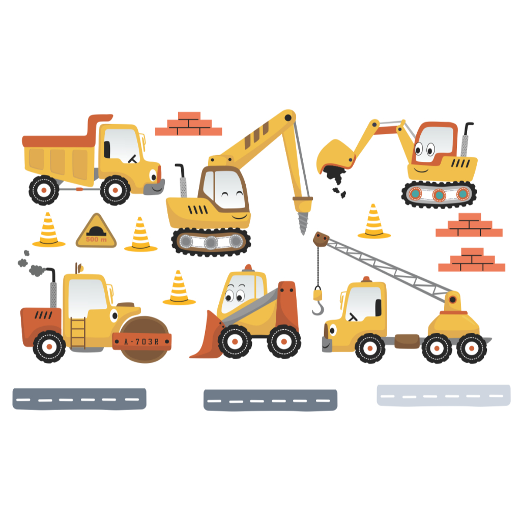 Adesivo de Parede Infantil Obras e Construção – Caminhões, Tratores, Guindastes e Máquinas de Construção Quarto Menino