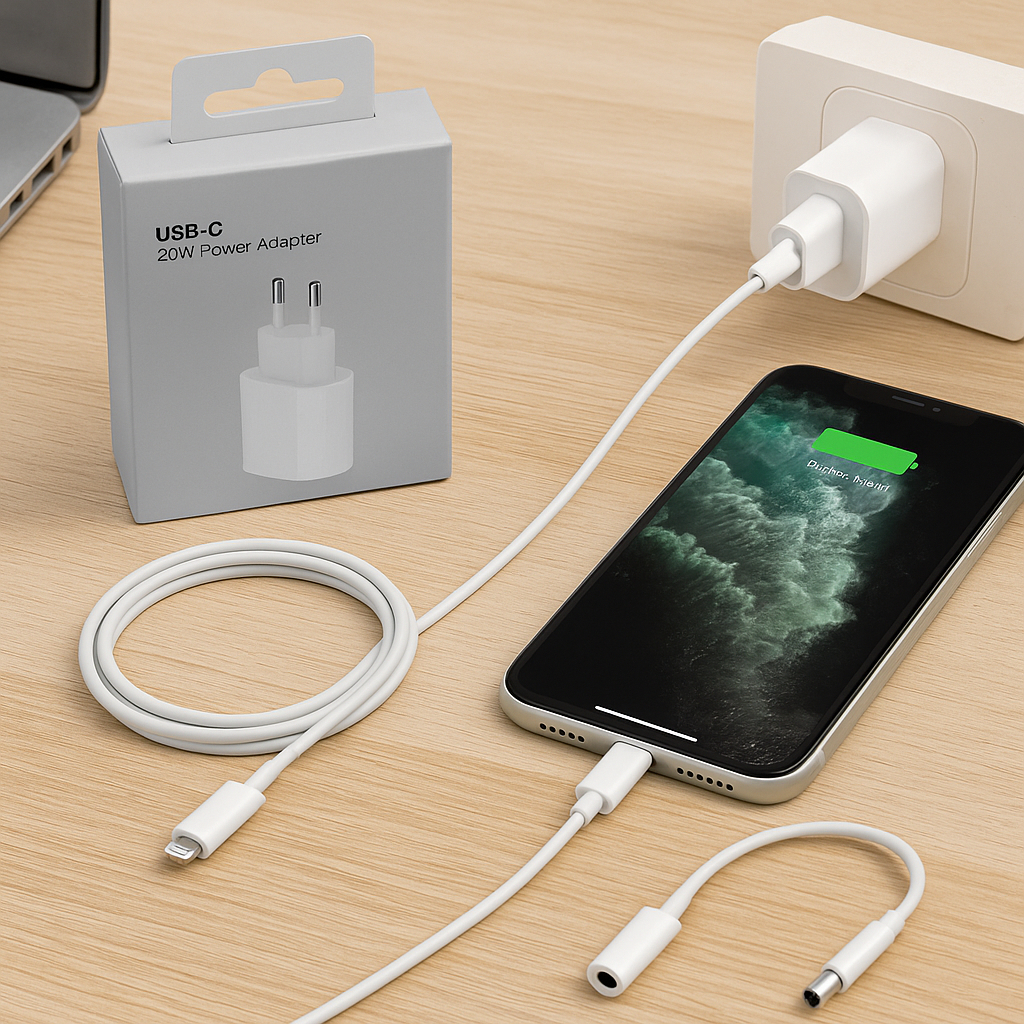 Carregador COMPLETO Celular XR,11,12,13,14 TURBO Fonte 20W  + Cabo Turbo Lightning Tipo C 1m + Adaptador Fone