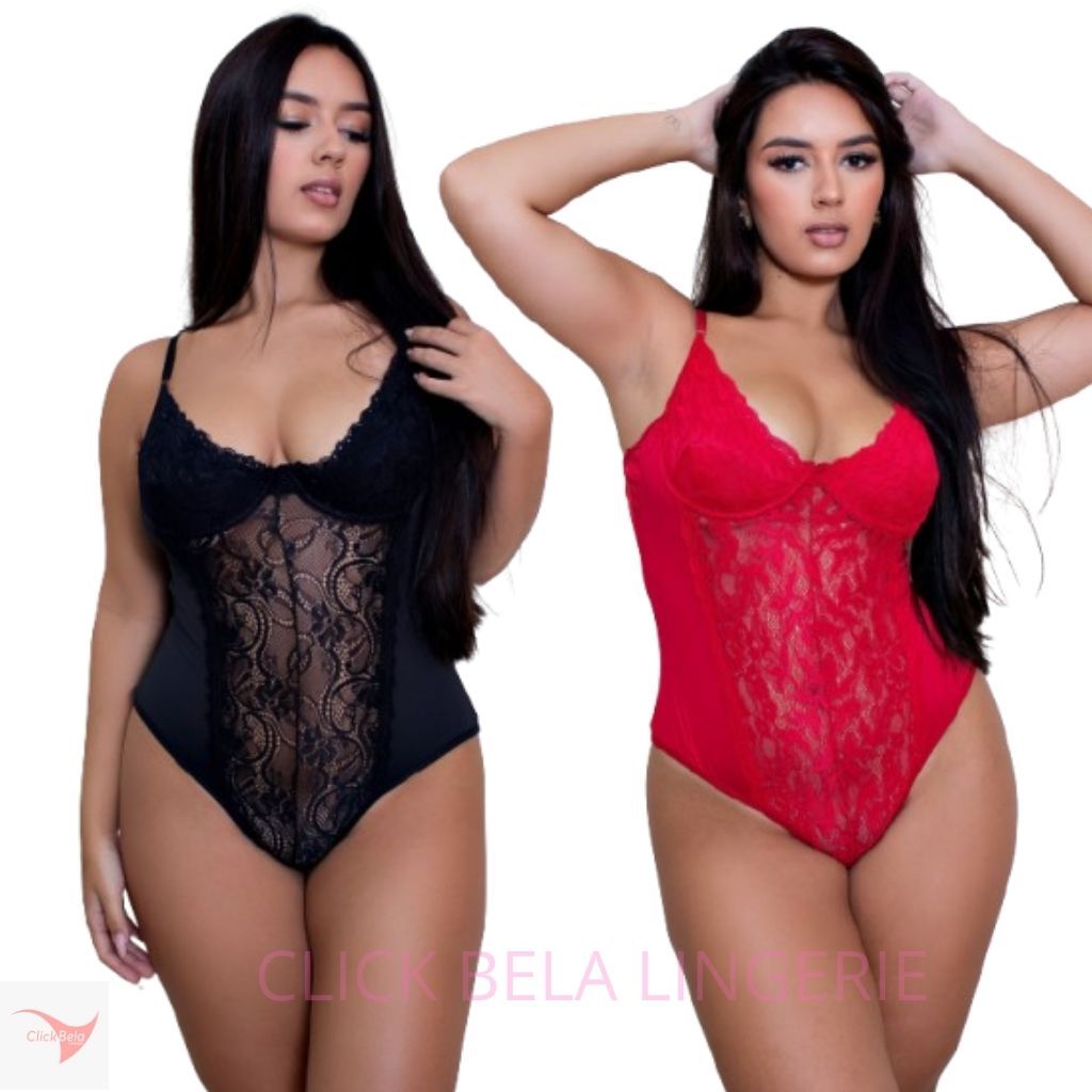 Kit Com 2 Body LiLy com Abertura em Renda Lingerie Luxo Sem Bojo