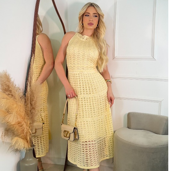 Vestido Feminino Mid Tricot Modal Com Forro Longo Ideal Casamento Encontro Moda Verão