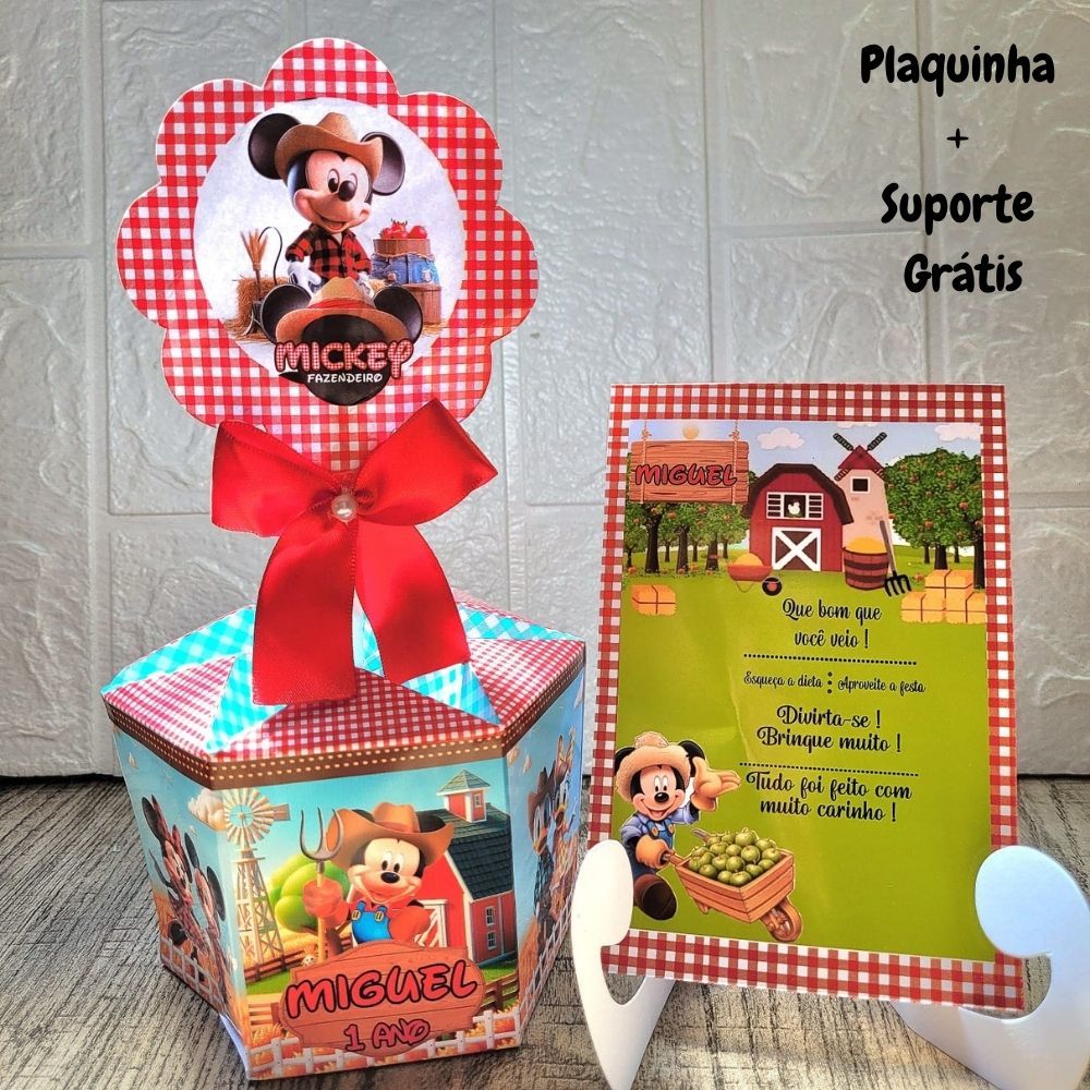 Centro de Mesa Mickey Fazendeiro +Plaquinha Cachepô Personalizado Enfeite Arranjo Lembrancinha de Festa