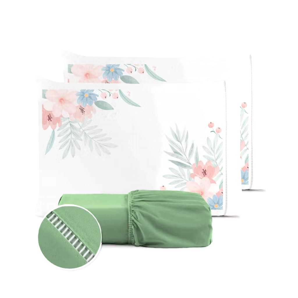 Kit Jogo de Lençol Cama Liso Fronha Micropercal Estampado 400 Fios Ponto Palito