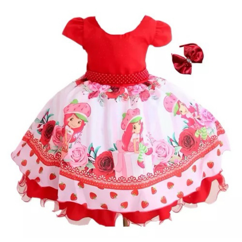 Vestido  Moranguinho Infantil Festa Vermelho Com Tiara. em Oferta na Shopee