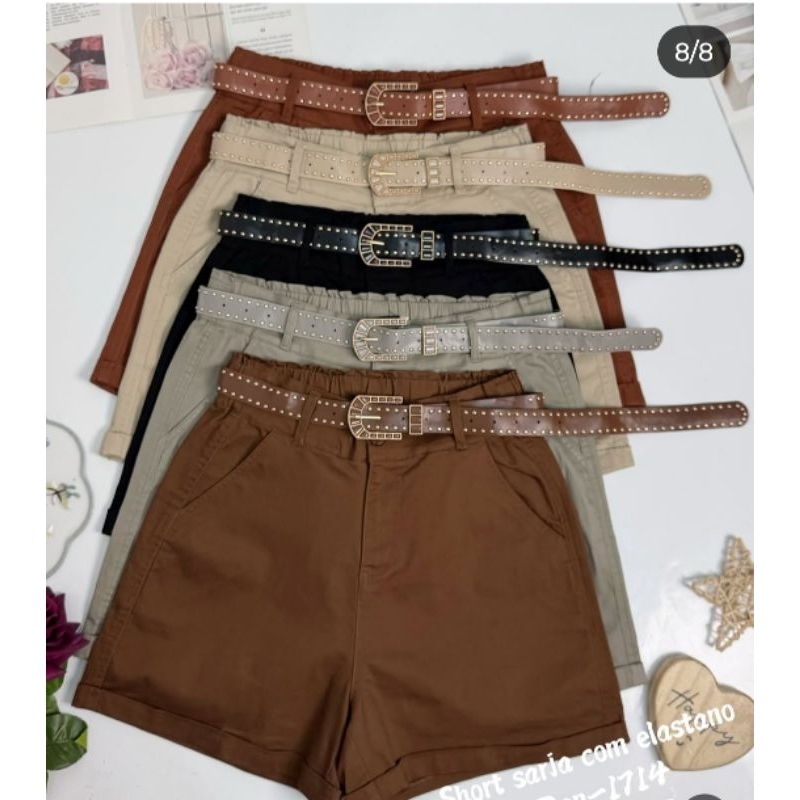 Short feminino de sarja com elastano / Com cinto /  Com zíper / Tendência em Oferta na Shopee