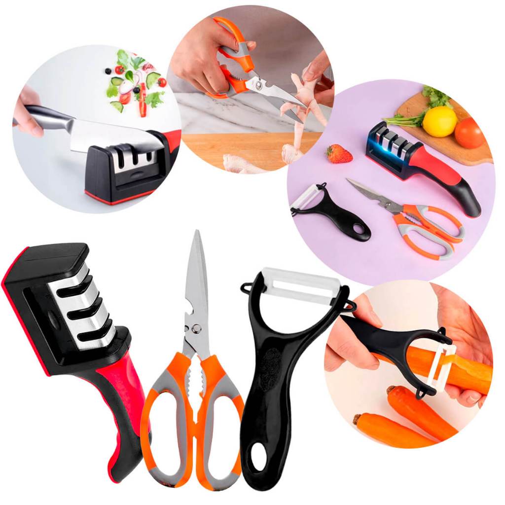 Kit Cozinha Amolador Tesoura Descascador Legumes [3 Peças]Kit Cozinha 3 Peças Afiador Descascador Tesoura Inox Afiador d
