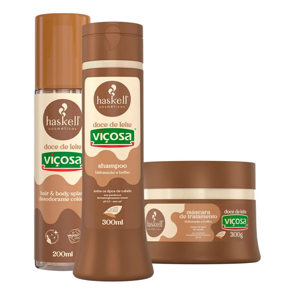 Shampoo 300ml, Mascara 300gr e Body Splash 200ml Doce de Leite Haskell