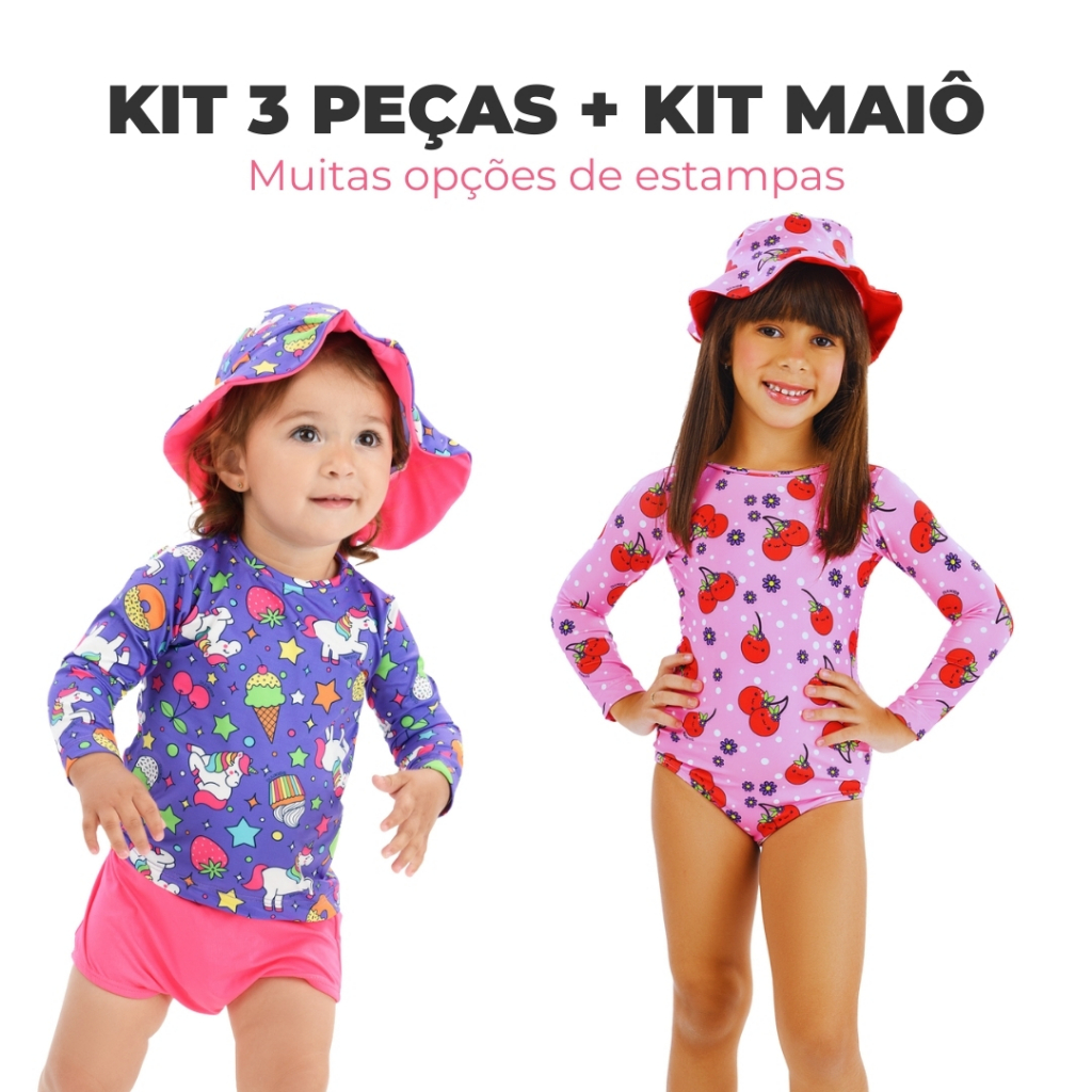 Combo Kit Sortido 3 Peças + Kit Maiô de natação menina verão lote praia