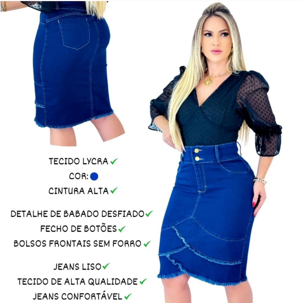 Saia Jeans Evangélica Feminina com Babado Cintura Alta com Lycra Lavagem Escura