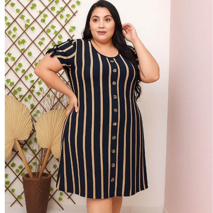 Vestido Feminino Plus Size Listrado Viscolycra Casual Manga Curta com Botões em Oferta na Shopee