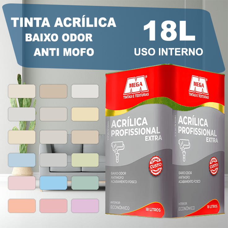 Tinta Acrílica Mega Antimofo Baixo Odor Uso Interno 18L Branco Neve Original + 18 Cores