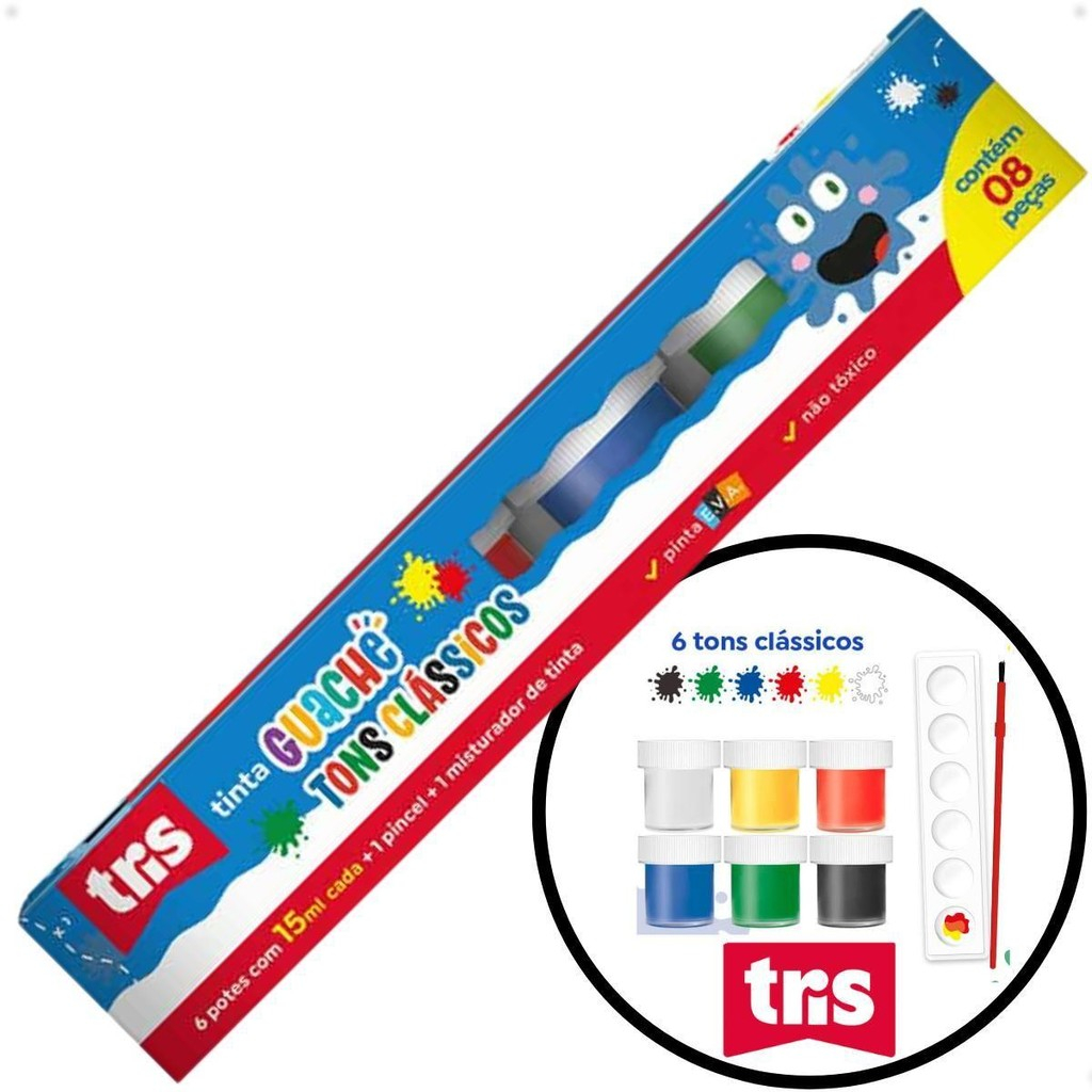 TINTA GUACHE TRIS 15ML 6 CORES+1 PINCEL+ MISTURADOR DE TINTAS