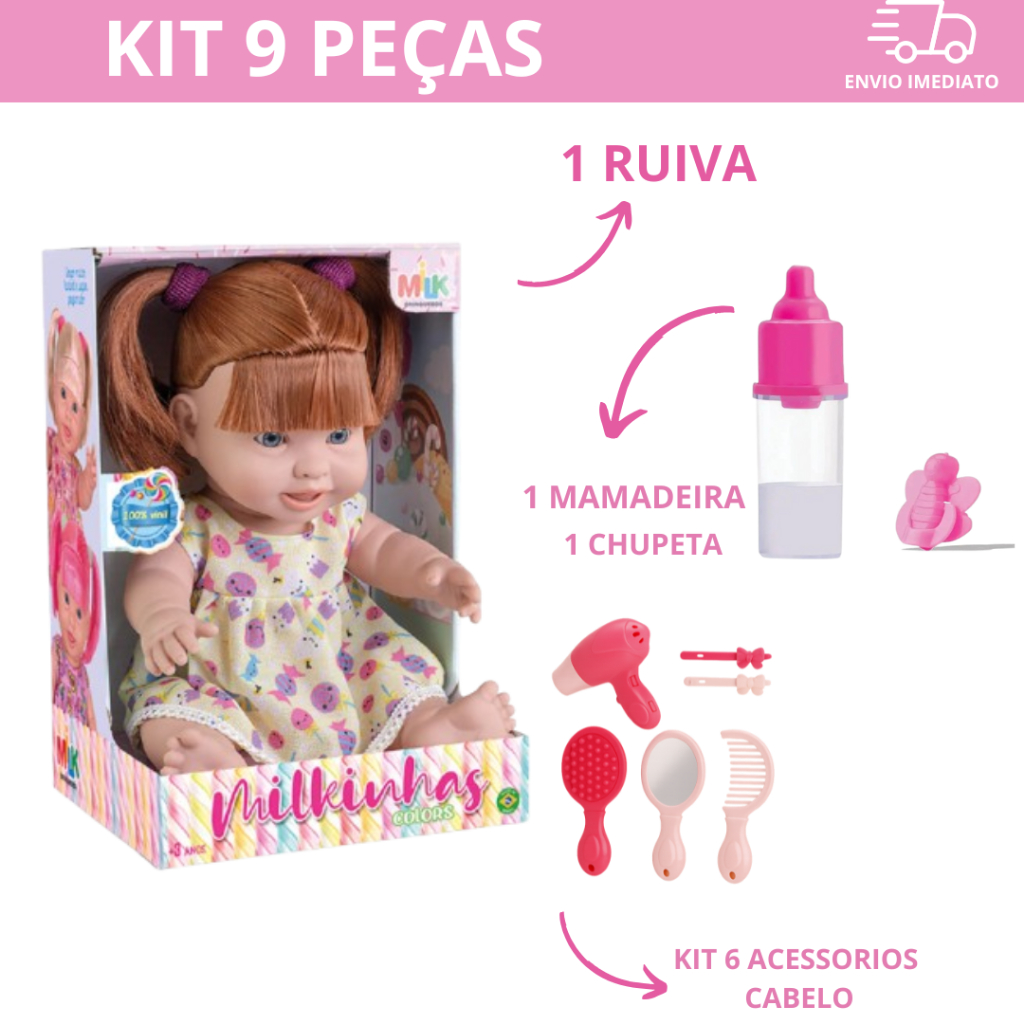 Boneca Com Chupeta Com Chupeta Mamadeira Milkinha  100% Vinil Super Macia Milk Brinquedos Kit Doutora Infantil Cabelo em Oferta na Shopee