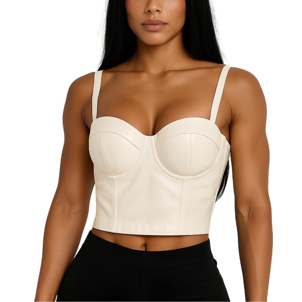Cropped Top Blusa Couro Lycra Bojo Alça Linha Fashion Palha M745