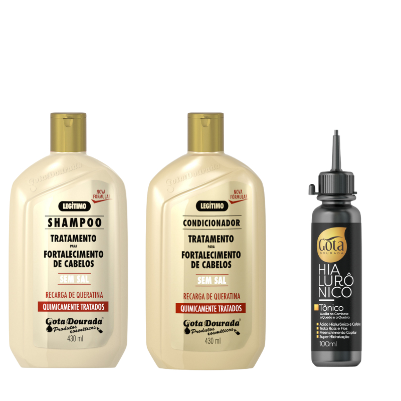 Kit Shampoo e Condicionador Quimicamente 430 ml + Tônico Hialurônico 100 ml Gota Dourada em Oferta na Shopee