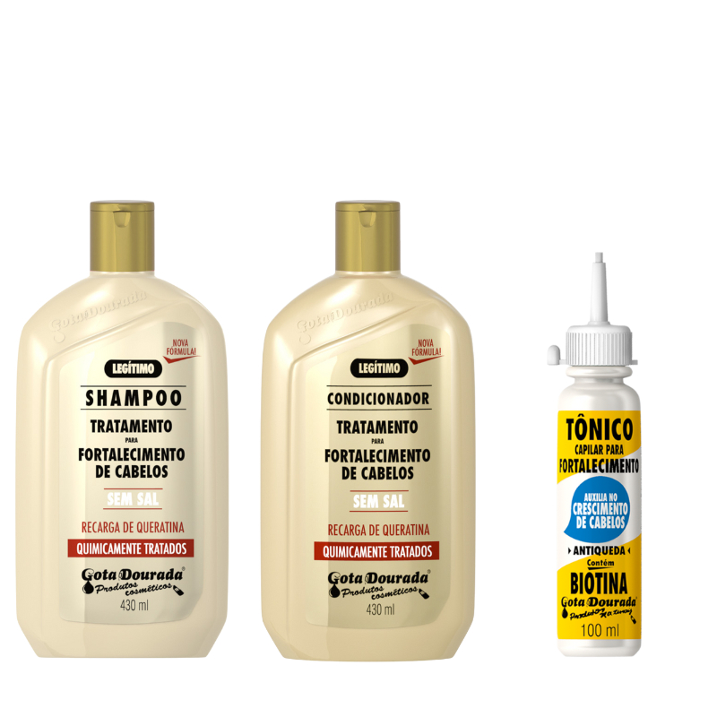Kit Shampoo e Condicionador Quimicamente 430 ml + Tônico Biotina 100 ml Gota Dourada em Oferta na Shopee
