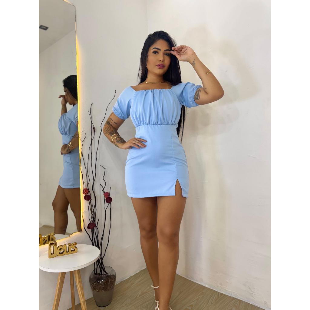 VESTIDO FASHION DE MANGA TUBINHO ELEGANTE,TECIDO ALFAITARIA,AZUL BEBE,MODA PATY