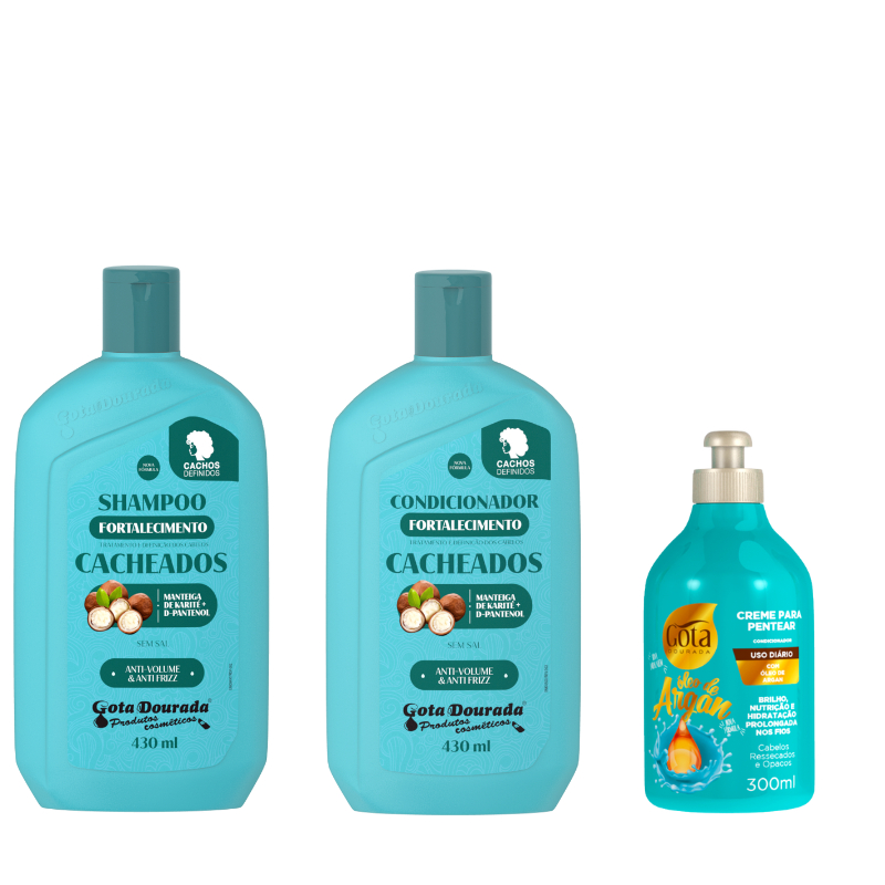 Kit Shampoo e Condicionador Cacheados 430 ml + Creme Argan 300 ml Gota Dourada em Oferta na Shopee