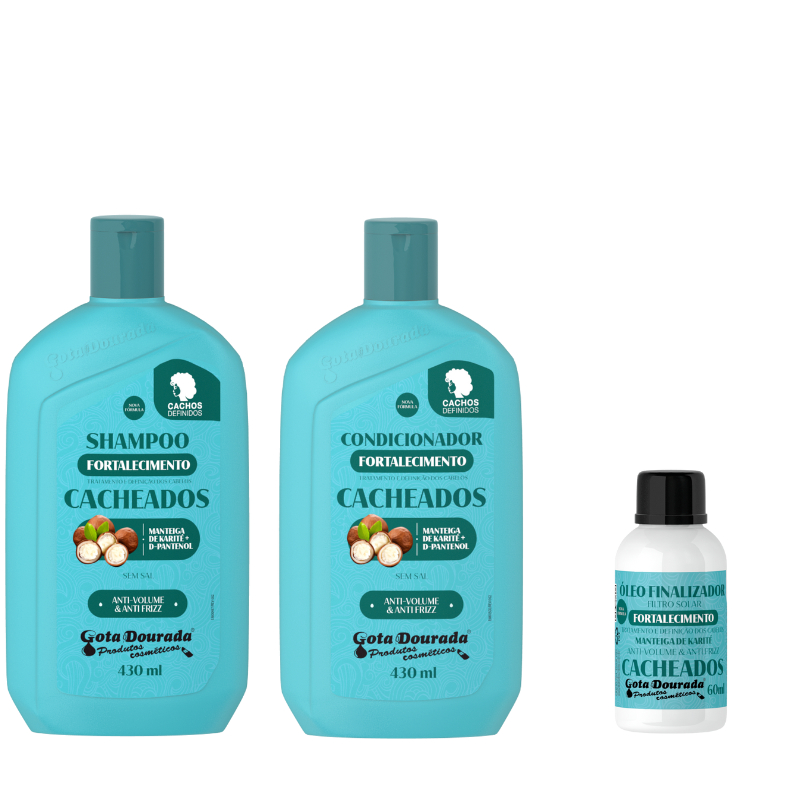 Kit Shampoo e Condicionador Cacheados 430 ml + Óleo Cacheador 60 ml Gota Dourada