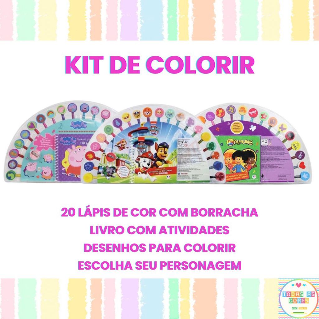 Kit de Colorir e Atividades com Lápis Borracha Material Escolar Peppa Patrulha Canina 3 Palavrinhas