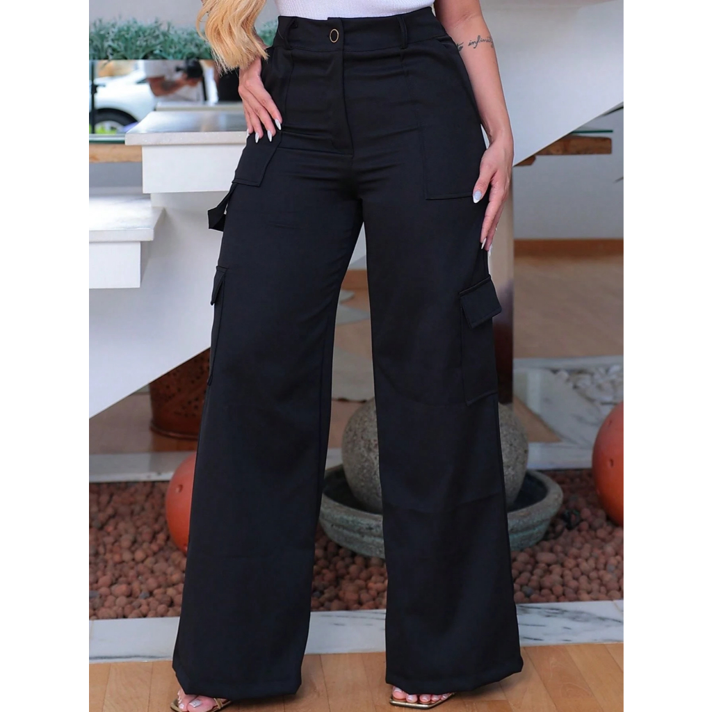 Calça Feminina Cargo Wide Leg Cintura Alta Com Bolsos Nas Laterais, Elegante, Sofisticada, Moderna em Oferta na Shopee
