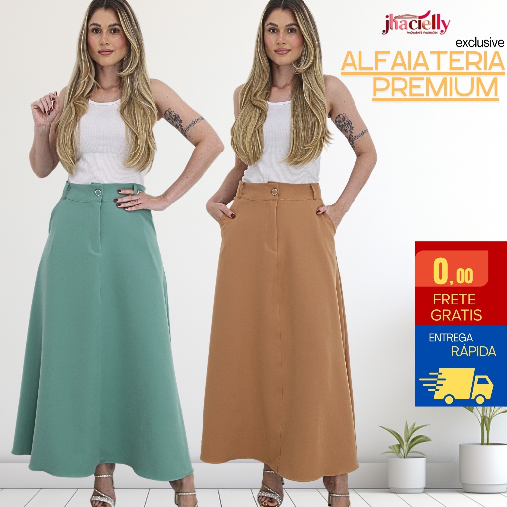 Saia Longa Feminina Alfaiataria Com Bolso Cintura Alta Moda Evangélica Casual Inverno