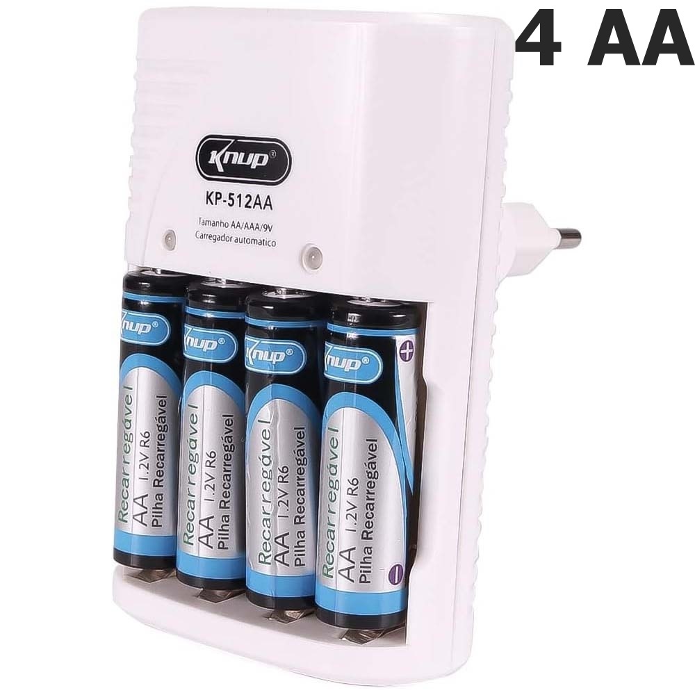 Carregador De Pilhas Recarregável Aa Aaa/ 9V Rapido Automático acompanha 4 AA ou 4 AAA