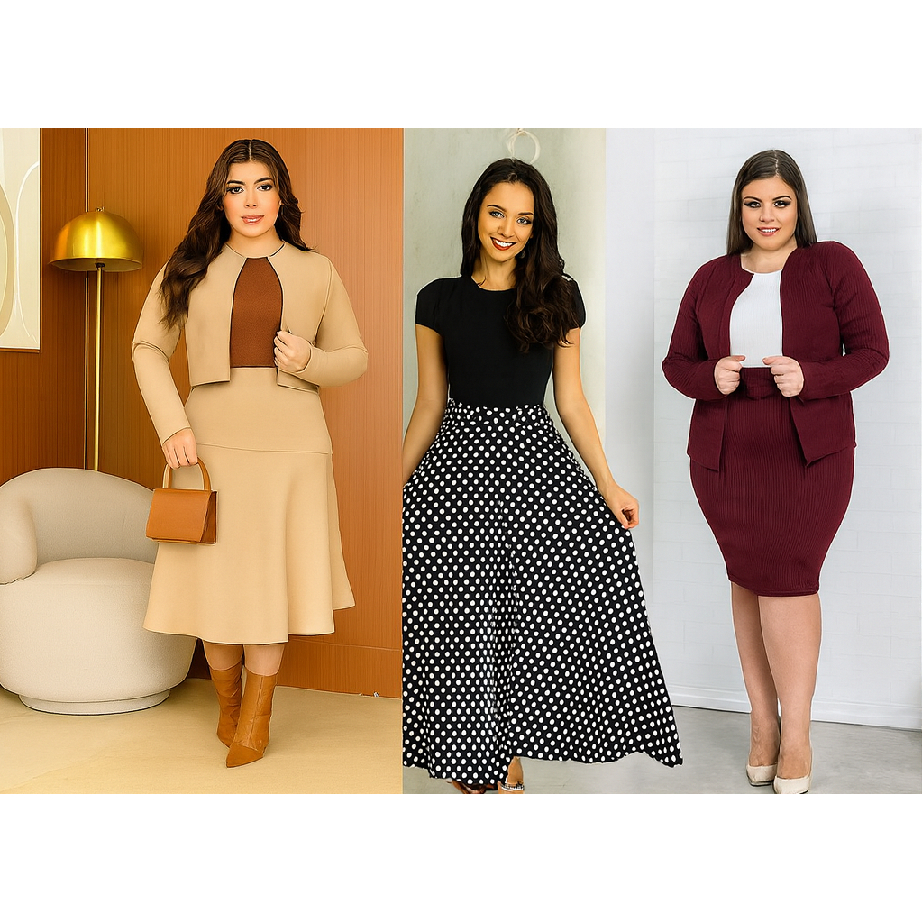 Conjunto Estampado De Bolinhas Plus Size Saia Longa E Blusa Cropped Moda Evangélica Ou Casaquinho Manga Longa com Saia
