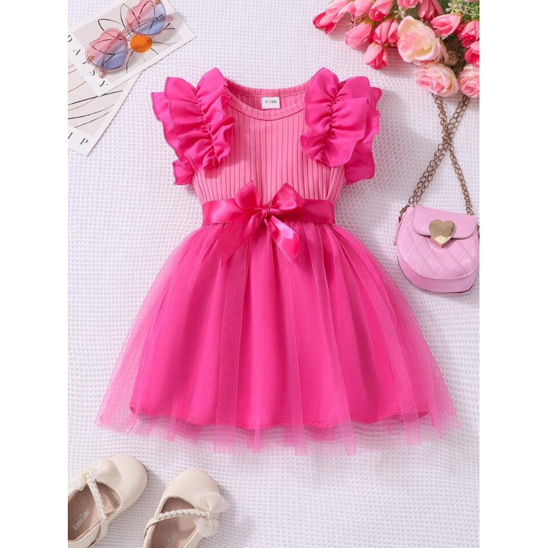 Vestido Bebê Infantil Festa Aniversário Mesversário Princesa Tule Laço Rosa Lilás ENC19