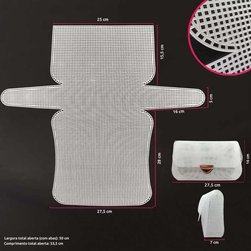 Malha chenille para bolsa 53.5x50cm (tela plástica) com furo 3mm em Oferta na Shopee