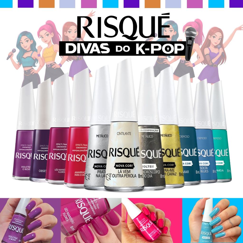 Kit Esmaltes Risqué K-Pop Tons Rosa Roxo Azul Esmalte Promoção Atacado 11 Cores