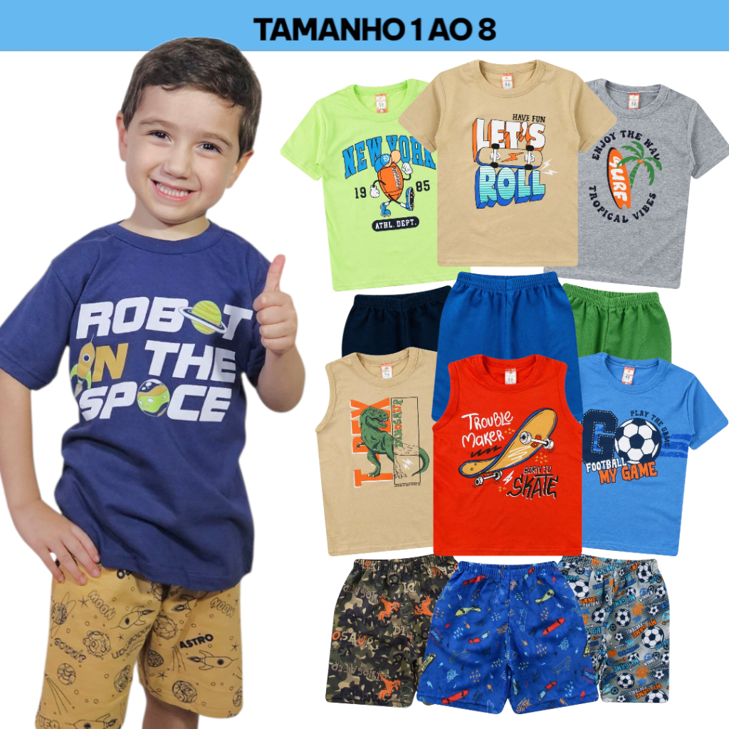 Kit 4 peças de Roupa Infantil Juvenil Menino 2 Blusas + 2 Bermudas Kit 2 Conjuntos de roupa menino