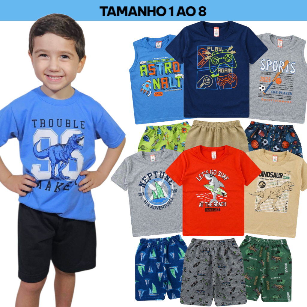Kit 6 peças de roupas Infantil Juvenil Menino 3 Camisetas + 3 Bermudas Kit 3 conjuntos menino verão