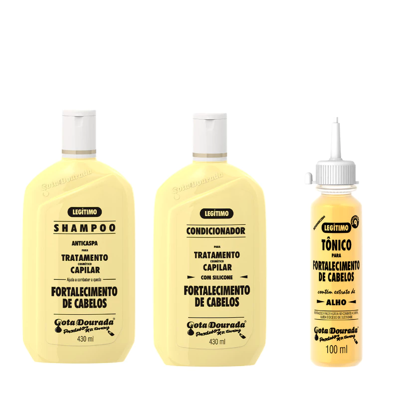 Kit Shampoo e Condicionador Tradicional 430 ml + Tônico Fortalecimento 100 ml Gota Dourada