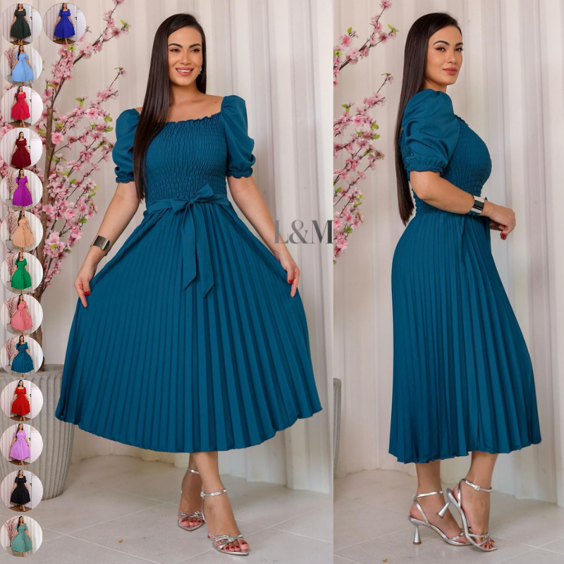 KIT 2 VESTIDO MIDI PLISSADO MANGA BUFANTE COM ELASTEX FEMININO em Oferta na Shopee