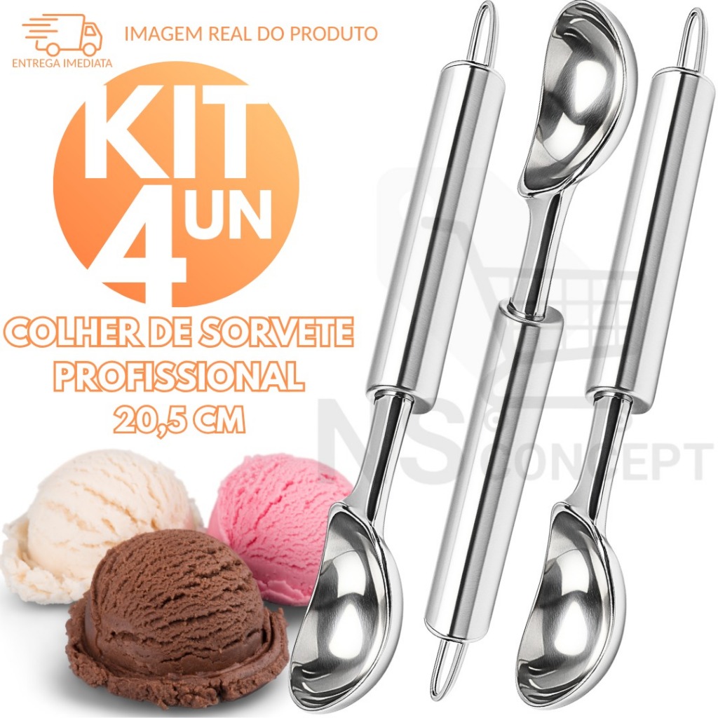 Kit 4 Colheres de Sorvete Profissional em Aço Inox 20,5cm – Utensílio Resistente e Prático para Sorveteria e Confeitaria