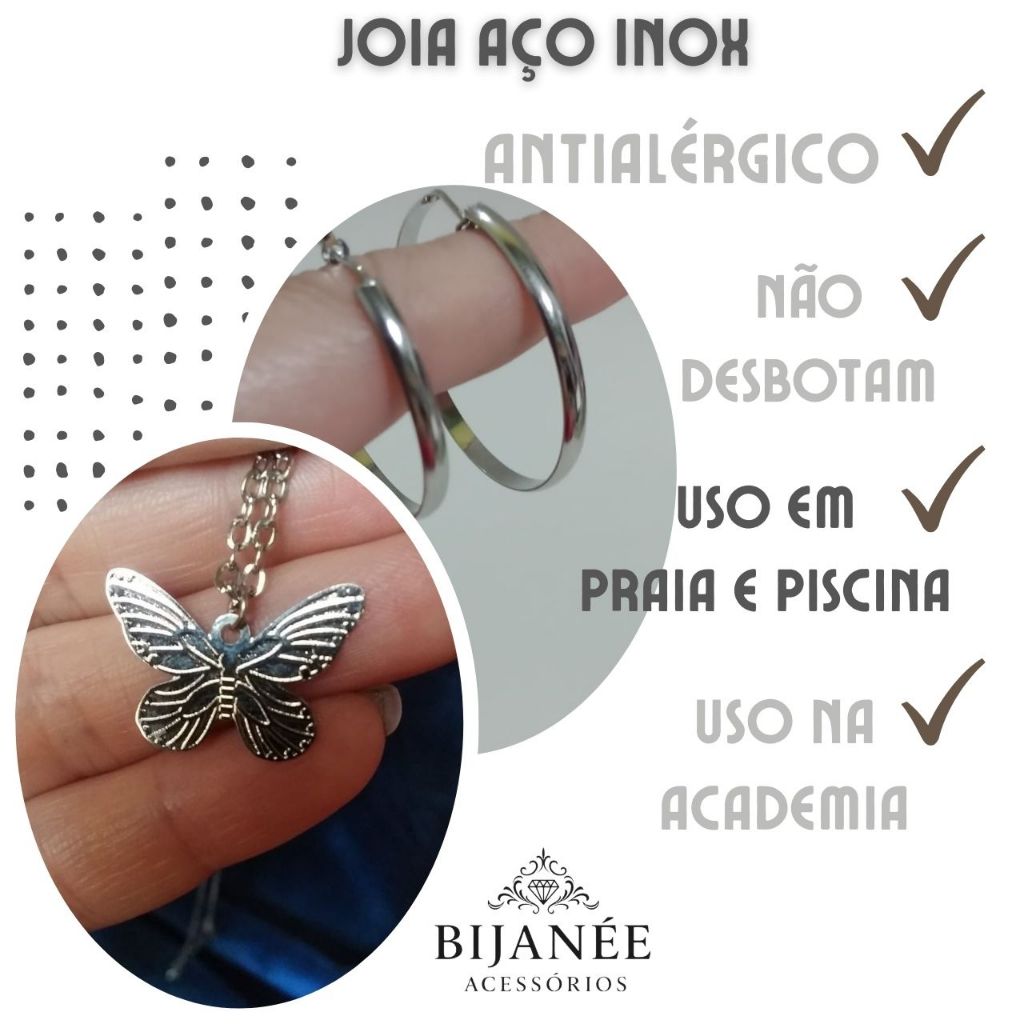 Colar de Borboleta brinco feminino Argola Fechada Fio Reto de Aço Inoxidável não escurece antialérgico