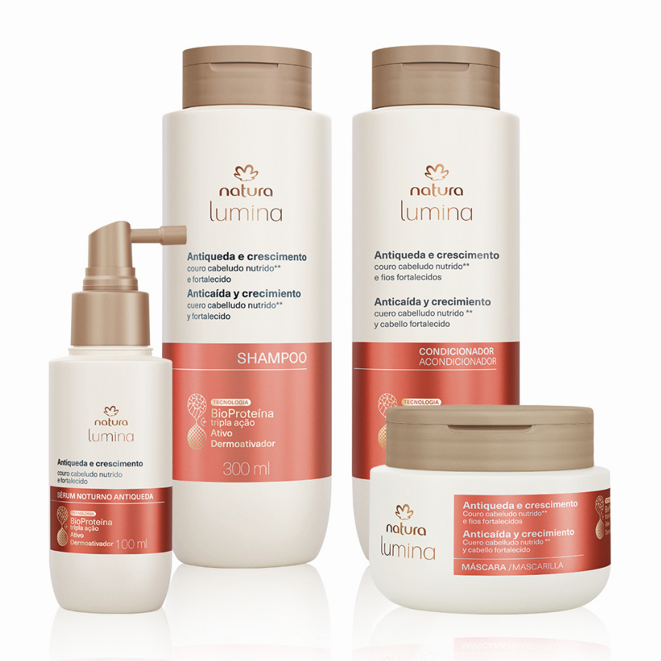 Linha Lumina Antiqueda e Crescimento Natura: Shampoo Estimulante, Condicionador Fortificante, Sérum Noturno e Máscara.