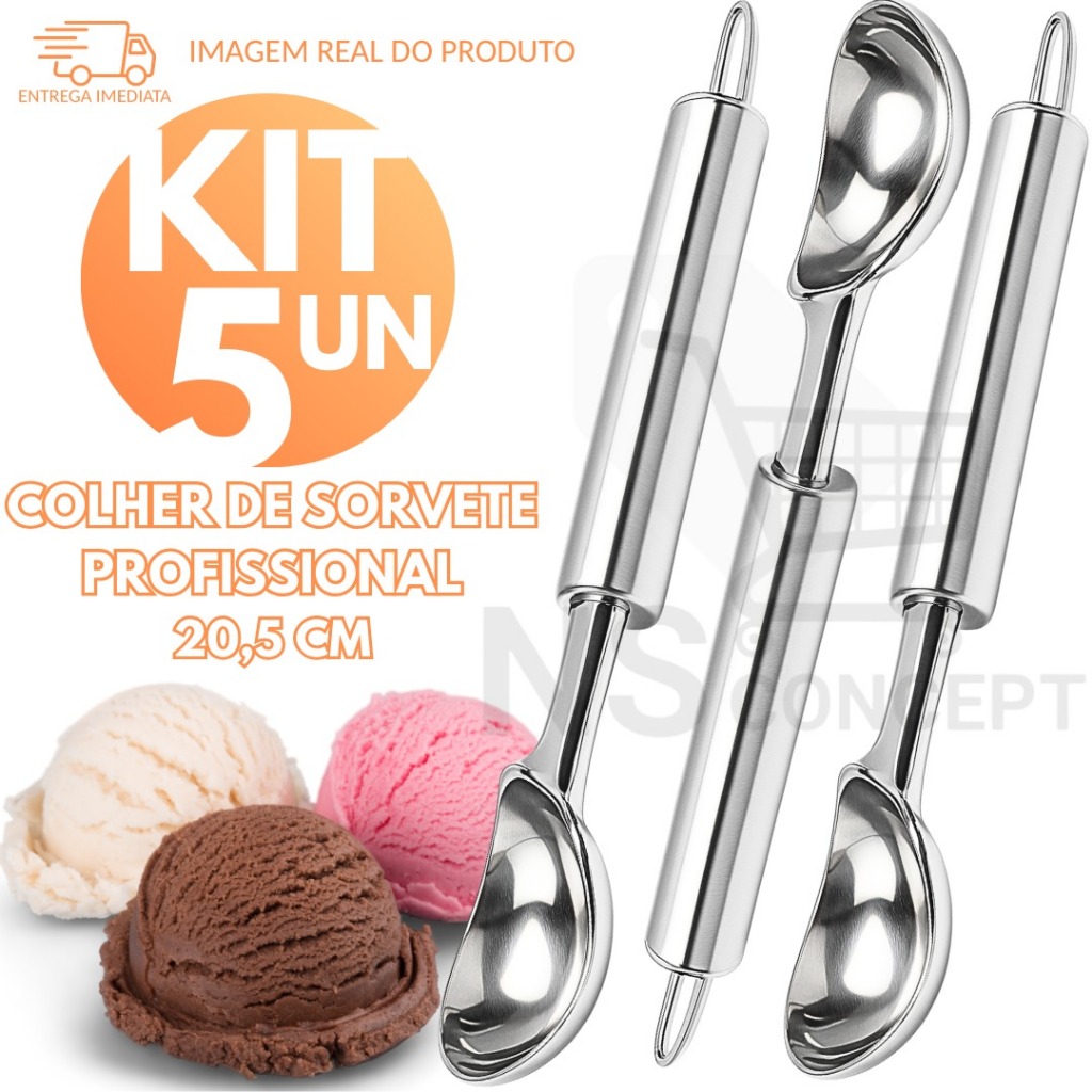Kit 5 Colheres de Sorvete Profissional em Aço Inox 20,5cm – Utensílio Resistente e Prático para Sorveteria e Confeitaria