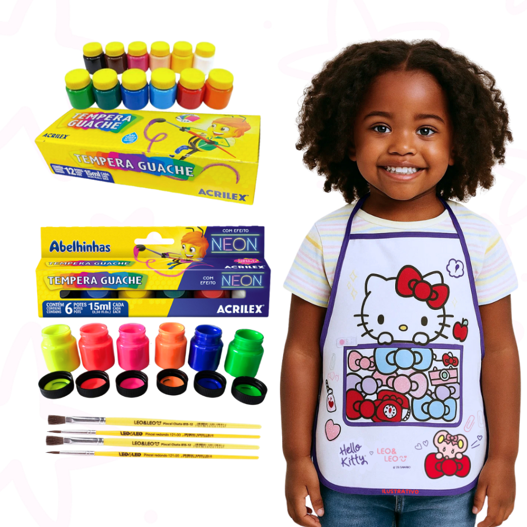 Avental Escolar Infantil Hello Kitty Guache e Guache Neon - Kit Selecionável em Oferta na Shopee