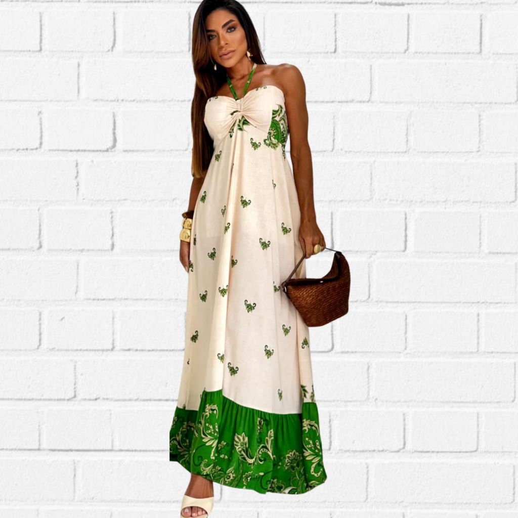 Vestido Longo Feminino Viscolinho Estampa Floral Confortavel Elegante  e Barrado Moda Boho