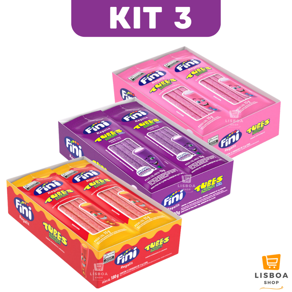Bala Fini Tubes Azedinhas Para Lembrancinha Kit 3 Caixas 180g c/12un cada - Bala de Gelatina