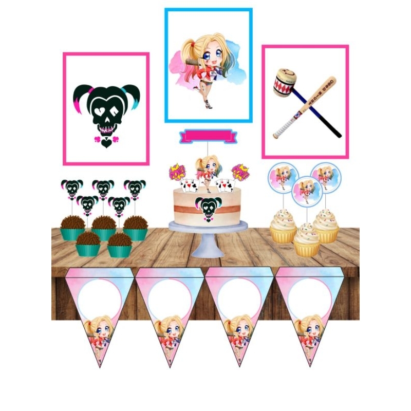 Kit Festa Arlequina em Papel Offset 180g – Topo de Bolo, Tags, Bandeirolas e Quadrinhos