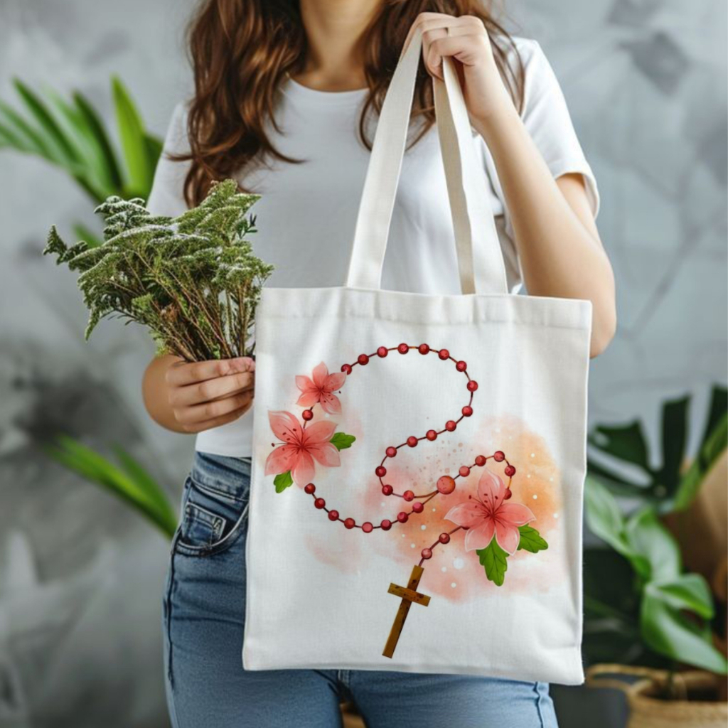 Bolsa sacola Ecobag feminina,unissex TERÇO,CRUZ,FLORES,moda cristã,católica,casual,verão em Oferta na Shopee