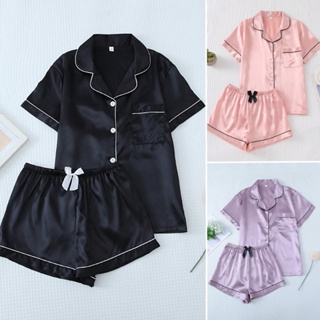 Conjunto De Pijama Roupas De Casa Femininas 2 Peças Top Com Mangas Curtas E Shorts Com Laço em Oferta na Shopee