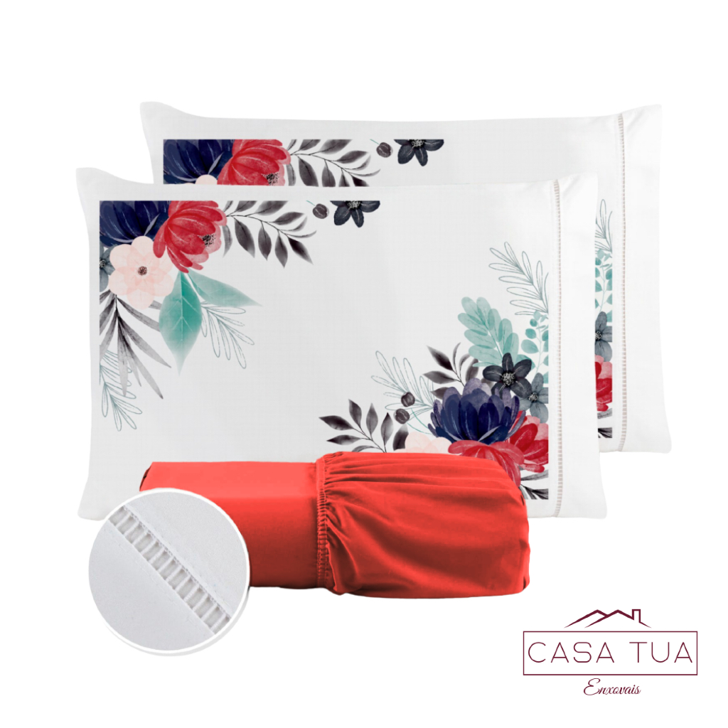 Kit Jogo de Lençol Fronha Flor Vermelha Estampada Micropercal 400 Fios Ponto Palito - Aproveite último lançamento