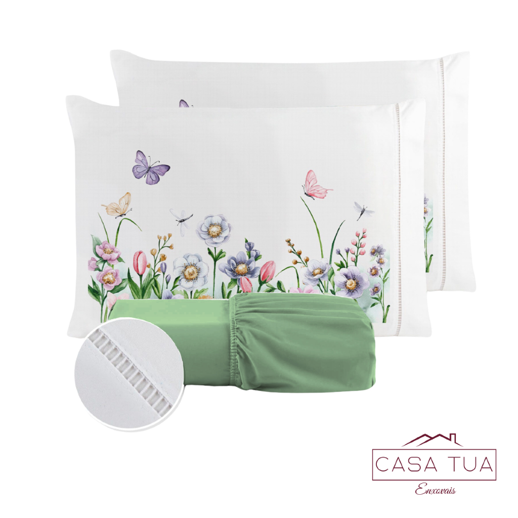 Kit Jogo de Lençol Fronha Borboleta Estampada Micropercal 400 Fios Ponto Palito - Aproveite Último Lançamento