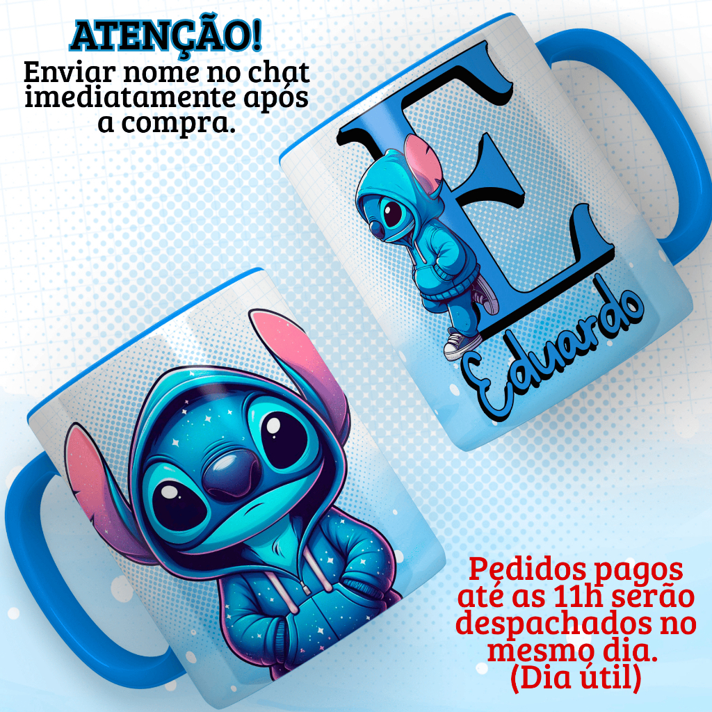 CANECA DE PORCELANA PERSONALIZADA STITCH COM LETRA DO NOME + NOME
