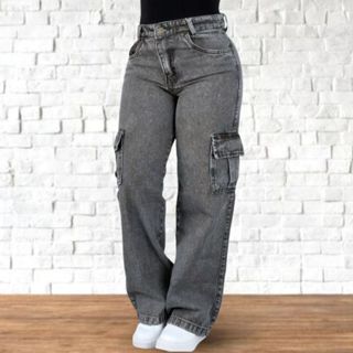 Calça Wide Leg Cargo Jeans Feminina Marmorizada cinza tendencia tecido algodão em Oferta na Shopee