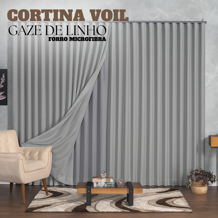 Cortina Voil Linho Sala Quarto 6,00mx2,30/2,40/2,50/2,60/2,70/2,80 Forro de Microfibra Trilho Suíço