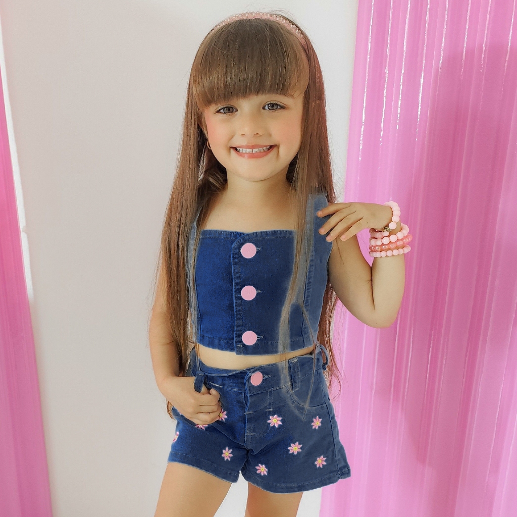 Conjunto Jeans Infantil Feminino Cropped E Shorts Meninas Estilosas 2 a 8 Anos